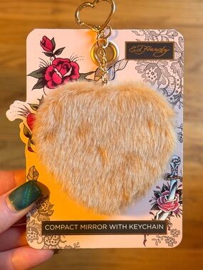 Ed Hardy Faux Fur Heart Compact Mirror Keychain/Bag charm - Tan